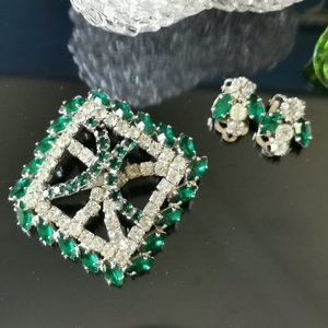 Vintage Emerald and Crystal Square Rhinestone Brooch and Earrings Set